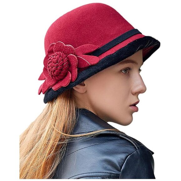 Women's Cloche Hat 1920s Winter Bucket Hat Vintage , A-red